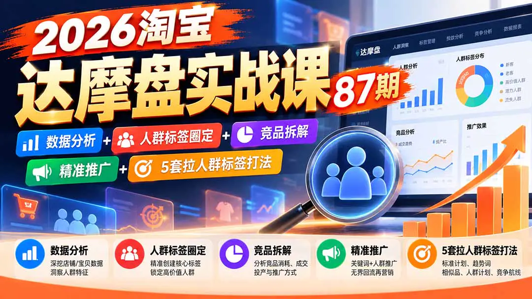 2026淘宝达摩盘数据实战课:从人群标签、竞品拆解到精准圈人与5套推广拉标打法全流程