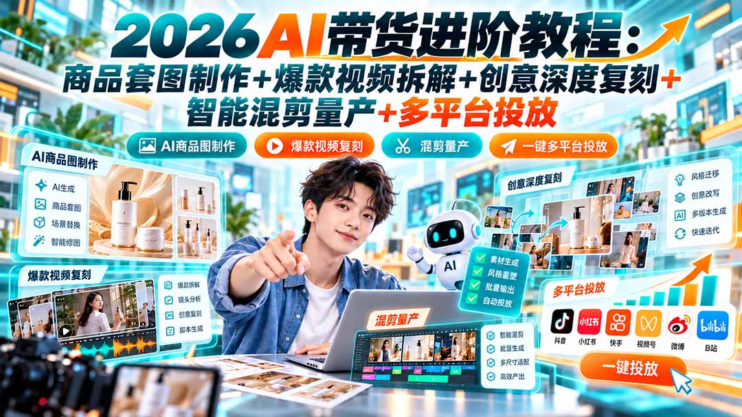 AI带货进阶课：AI商品套图与详情图、爆款视频深度复刻、智能混剪量产与多平台投放
