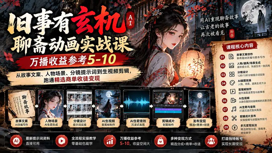 聊斋自制动画短视频课:从志怪文案、人物场景资产到分镜首尾帧与AI视频成片全流程