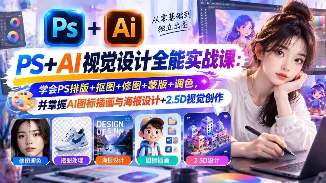 PS+AI视觉设计全能实战课:从抠图调色、蒙版合成到插画图标、创意海报与商业设计
