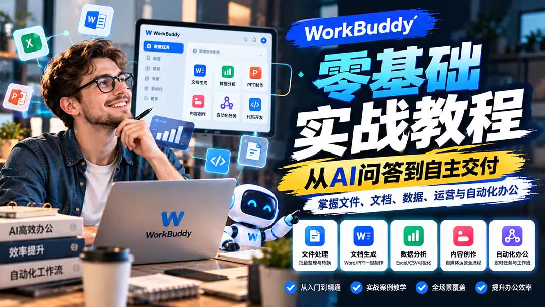 WorkBuddy零基础实战教程:从工作模式、Skill与连接器到文件整理、数据分析、内容创作与零代码开发