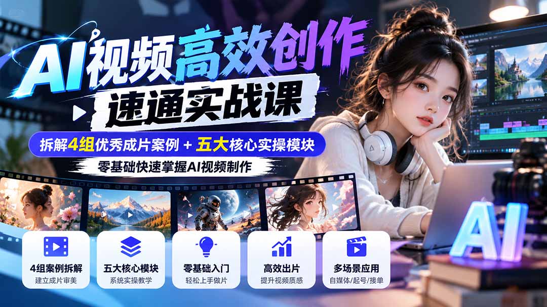 AI视频高效创作实战课：从案例赏析到五大模块实操，零基础掌握画面生成与成片逻辑