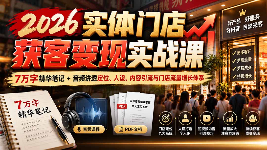 2026实体店营销获客课:九大定位系统+老板IP人设打造+短视频引流,7万字笔记讲透门店获客