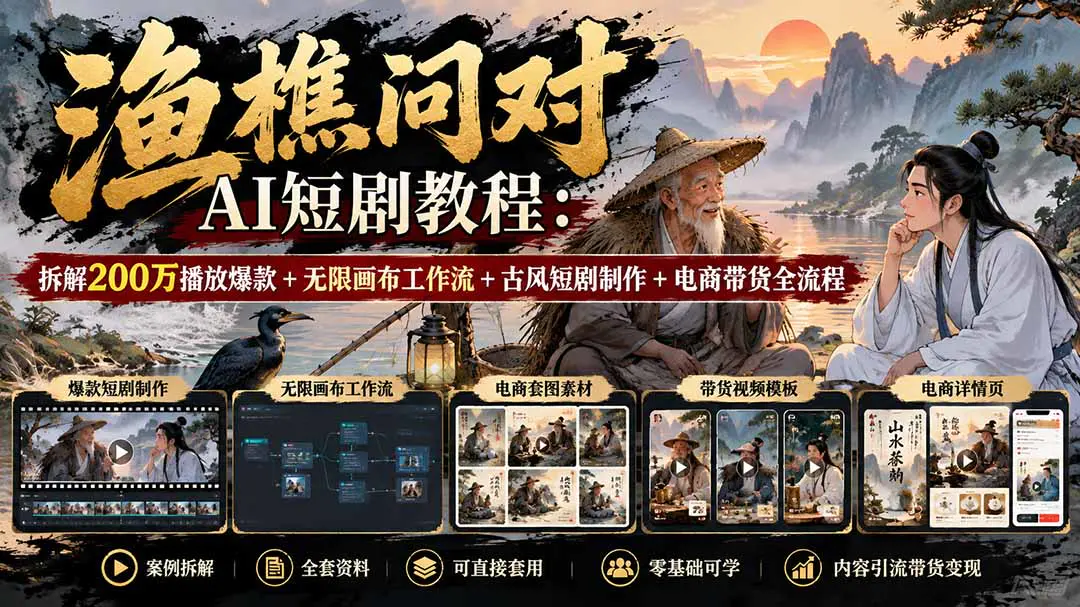 渔樵问对AI短剧教程:无限画布工作流拆解古风哲理短剧制作与电商带货视频全流程(飞书文档)