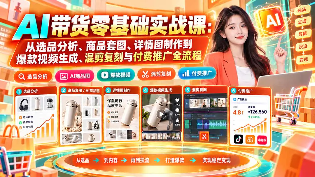 AI带货零基础实战课:从选品分析、AI商品套图与详情图到爆款视频复刻和投流素材