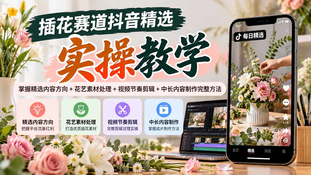 抖音精选中长视频插花赛道课:从内容机制、账号方向到素材剪辑与成片制作实操