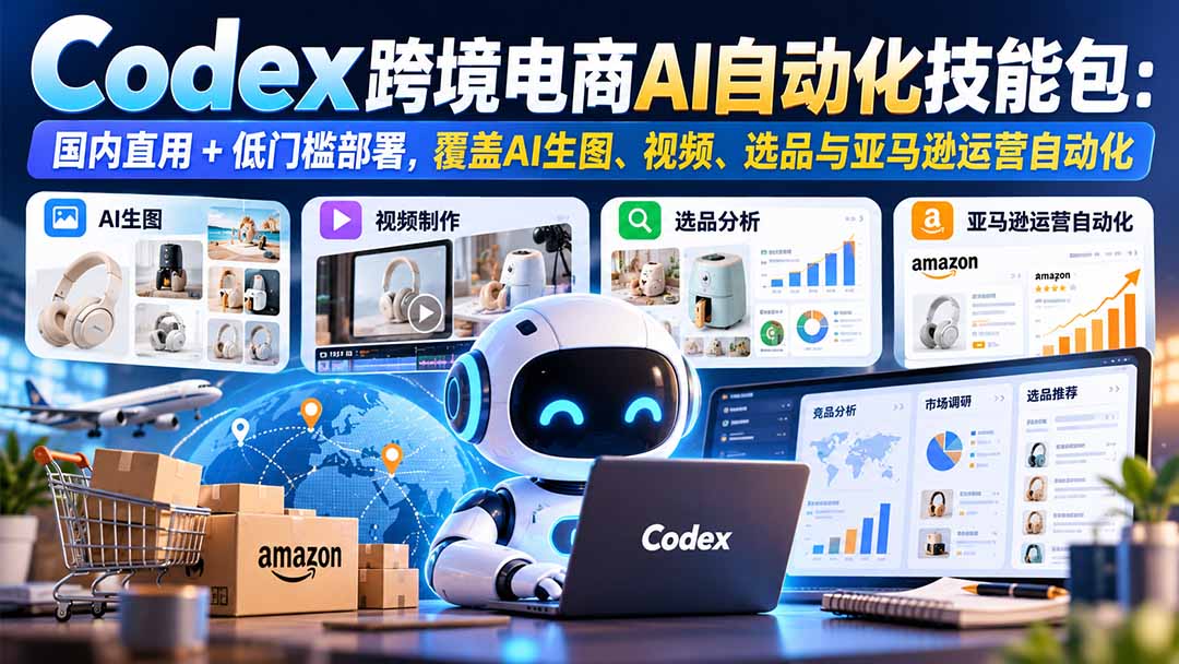 Codex跨境电商AI自动化技能包：国内直用+低门槛部署，覆盖AI生图、视频、选品与亚马逊运营自动化
