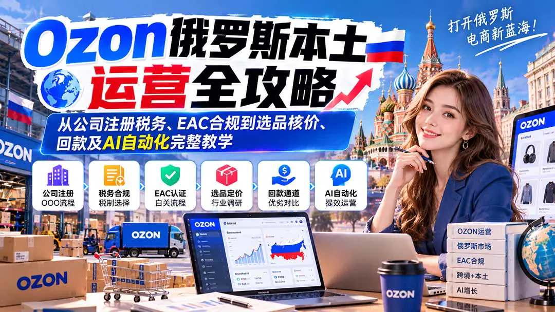 Ozon跨境+WB本土电商运营实操课:俄罗斯公司注册、EAC认证、合规白关、资金回款、选品核算与AI提效