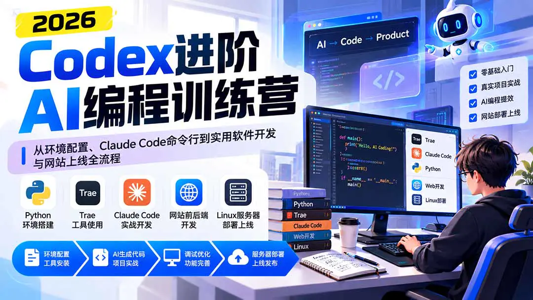 2026 Codex零基础AI编程课:Trae/Claude Code开发小程序、网站与服务器部署实战